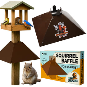 Orca Squirrel Baffle mounted on a 4x4 post shielding the feeder with a wide metal shield