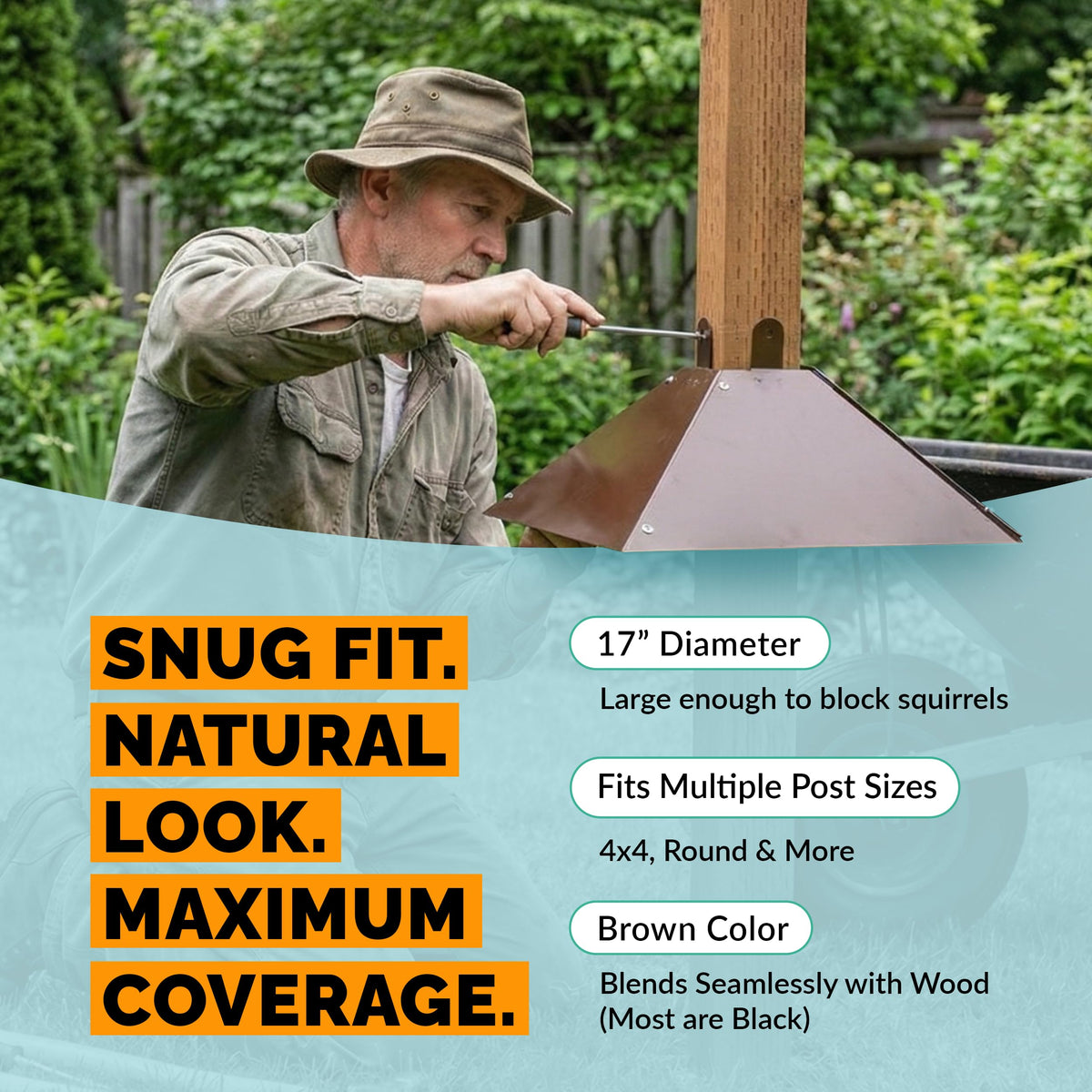 Outdoor installation of Orca Squirrel Baffle on a post, ready to deter pests