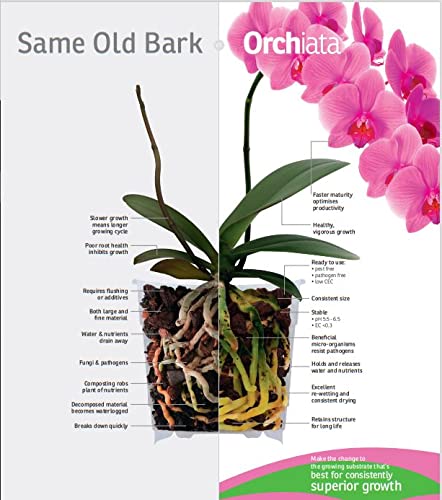 Orchiata organic potting bark for aeration supports healthy root growth in potted orchids.