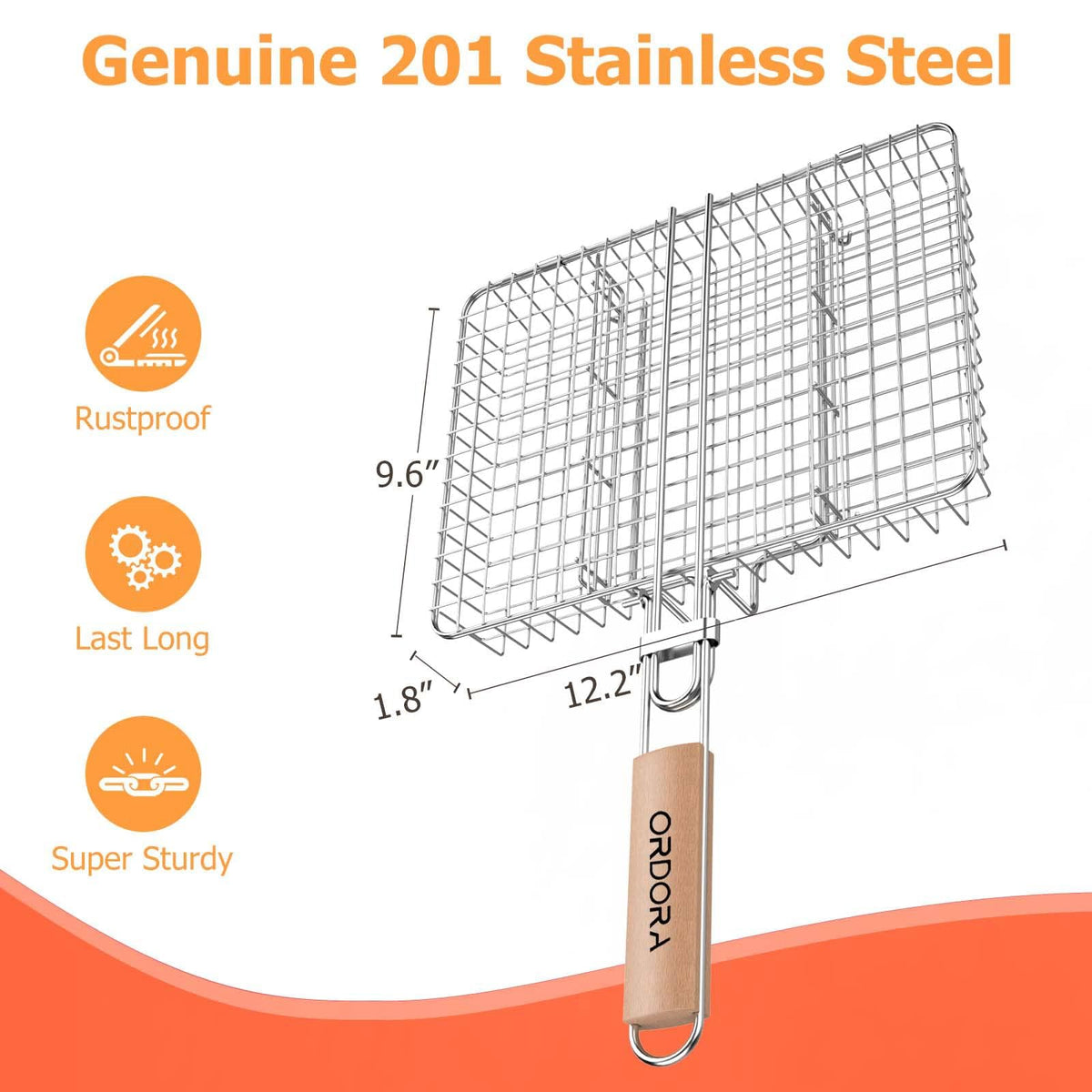 ORDORA rustproof 201 stainless steel grill basket for long-lasting use.