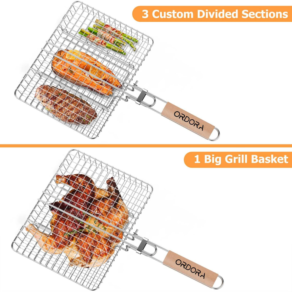ORDORA grill basket full surface for larger portions and whole fish.