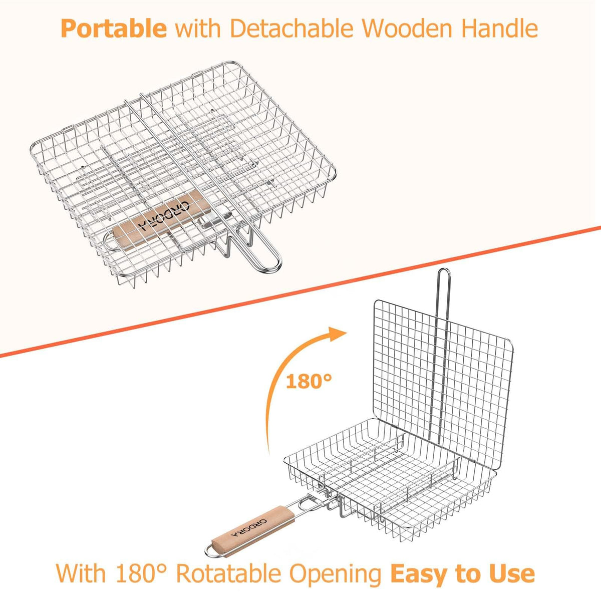 ORDORA grill basket with slide lock for easy flipping of grilled foods.