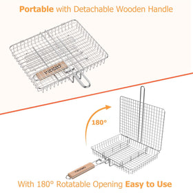 ORDORA grill basket with slide lock for easy flipping of grilled foods.