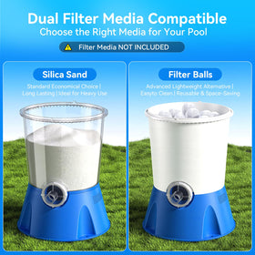 Orealla silica sand media image noting 18 lbs required (not included).