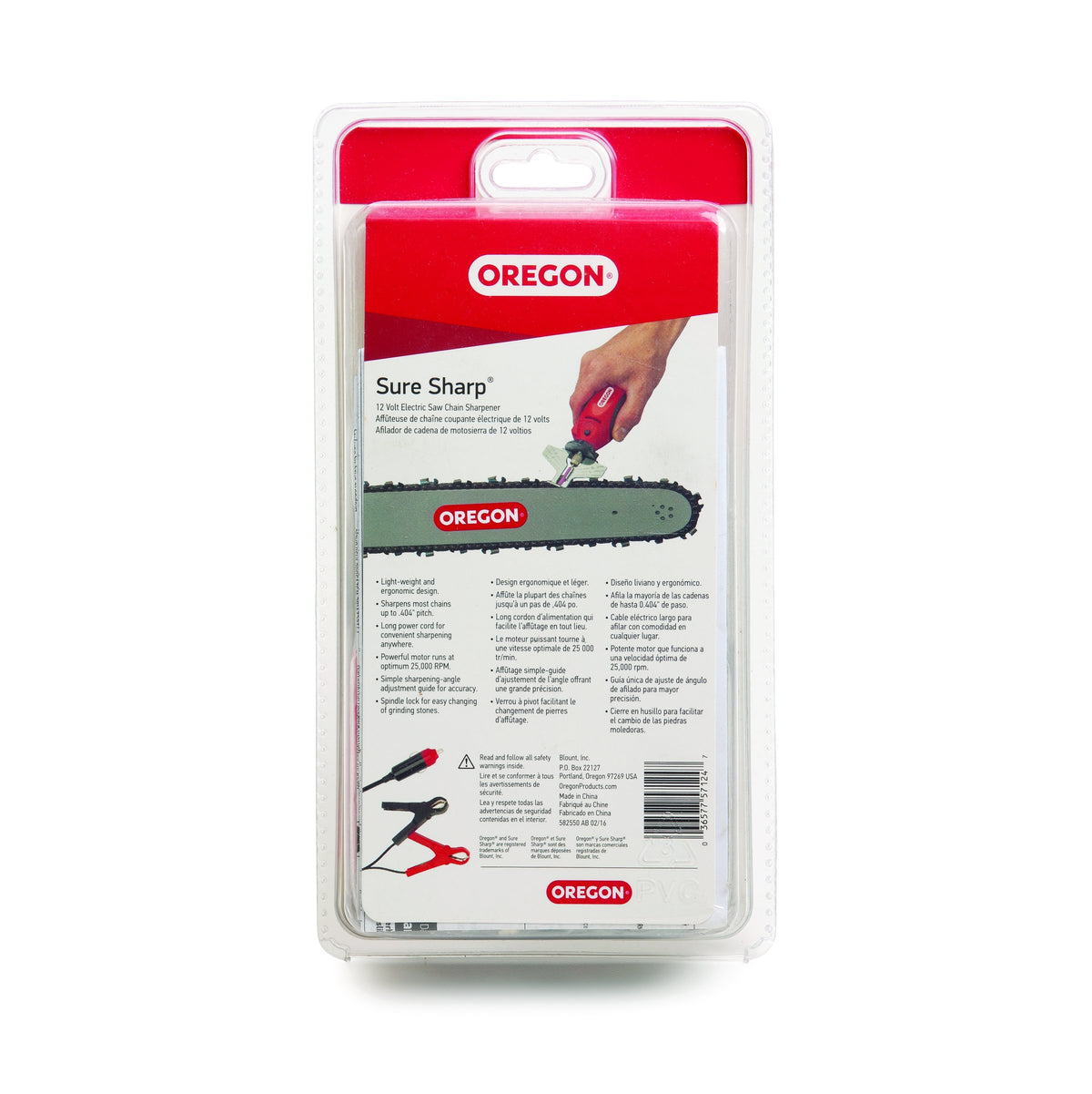 Oregon 12V Sure Sharp angle guide demonstrates accurate sharpening alignment for various chain types
