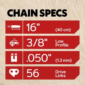 Oregon chain mounted on a 16-inch bar demonstrates clean performance.