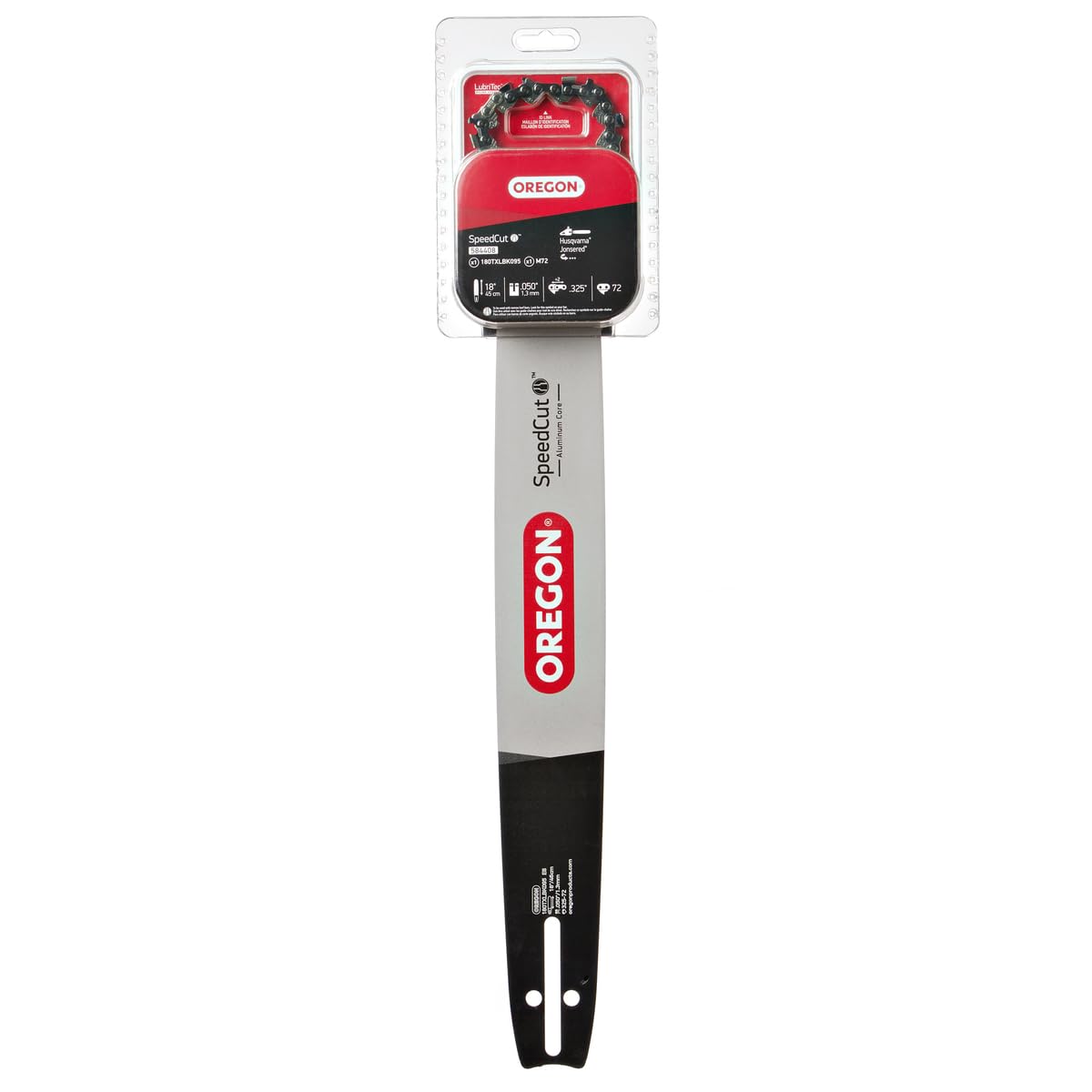 Oregon 18-inch bar and M72 SpeedCut chain for fast midsize cutting.
