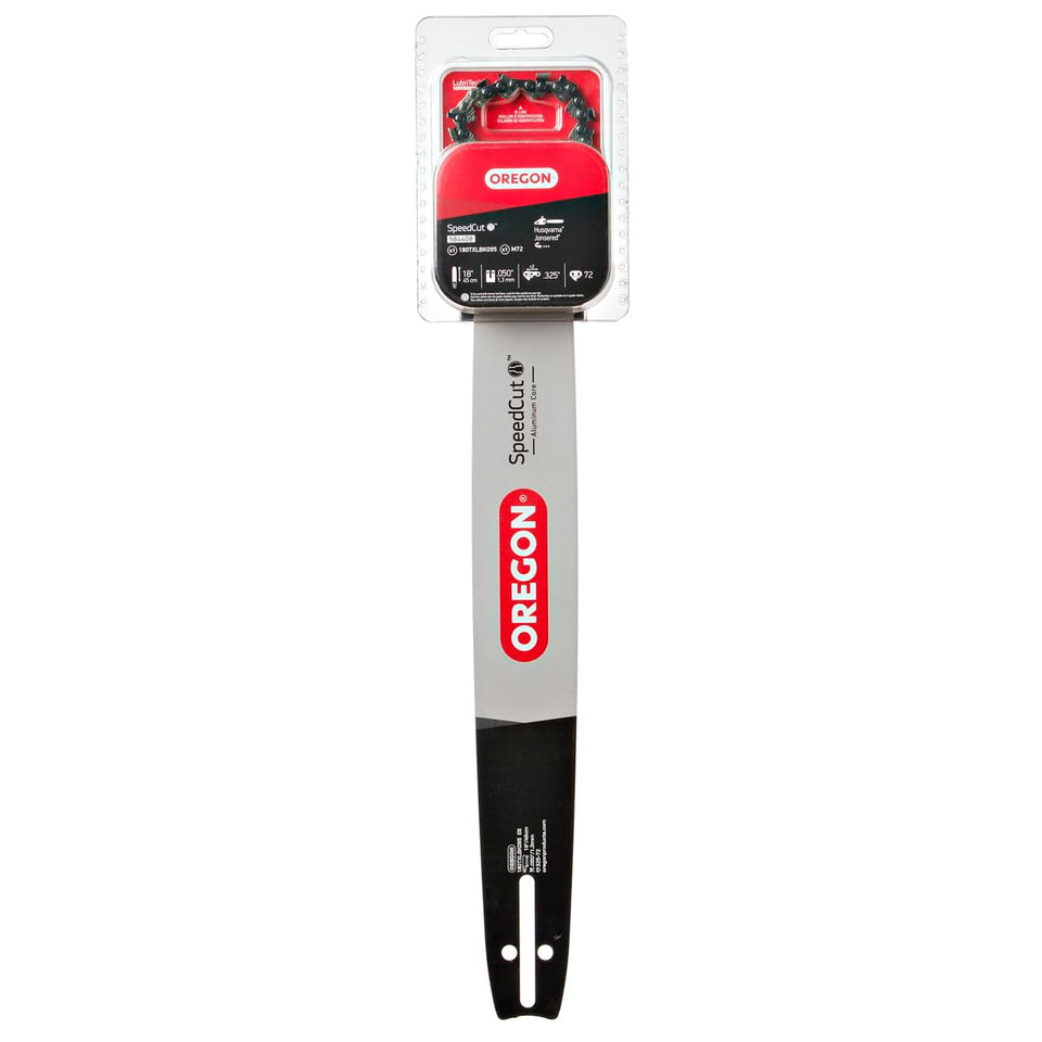 Oregon 18-inch bar and M72 SpeedCut chain for fast midsize cutting.