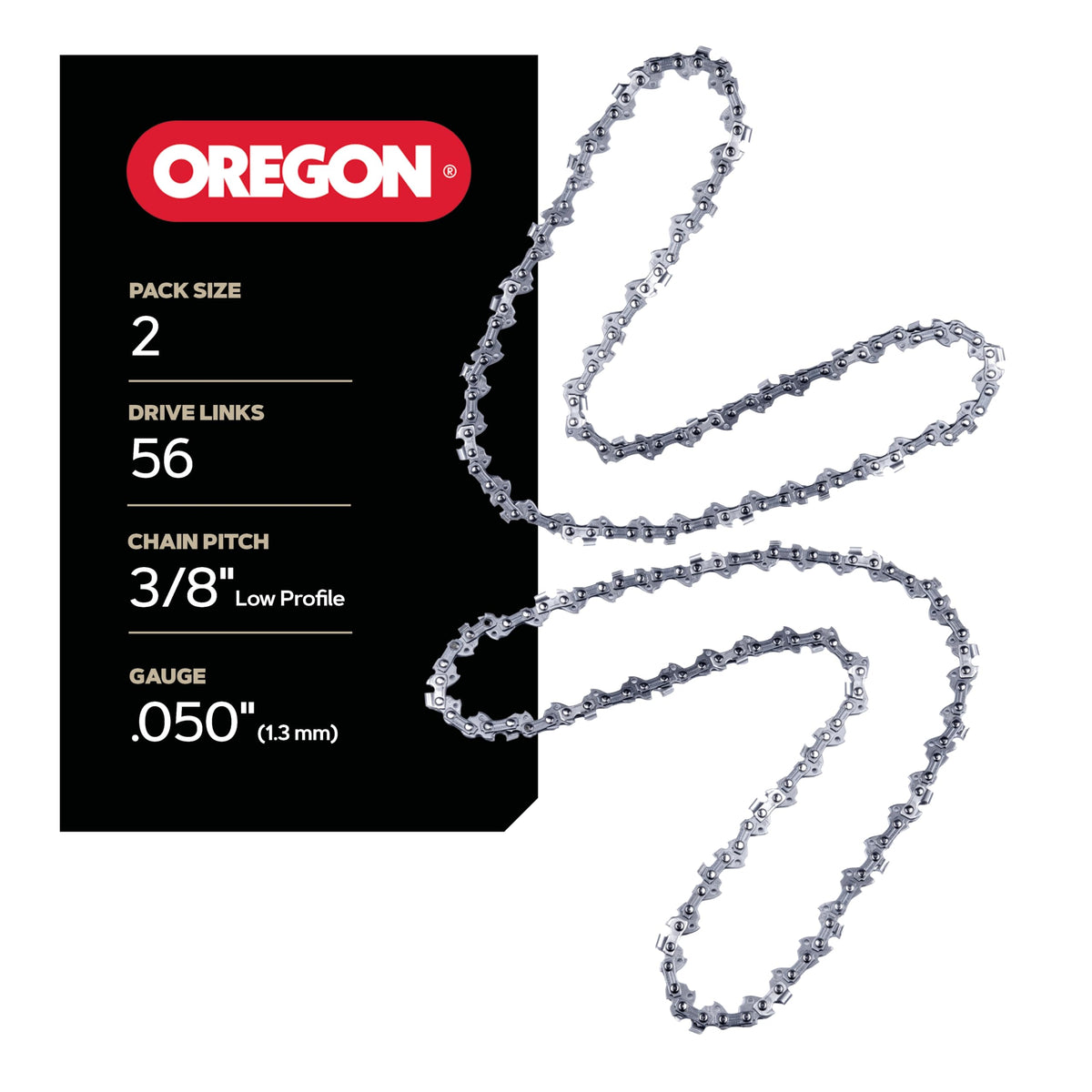 Oregon 2-pack chainsaw chain showing 3/8-inch low-profile pitch for clean cuts.