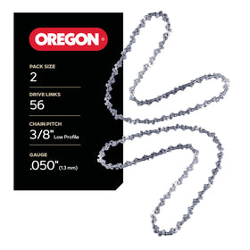 Oregon 2-pack chainsaw chain showing 3/8-inch low-profile pitch for clean cuts.