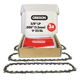 Oregon 3-pack chainsaw chain for a 14-inch bar with 3/8 inch LP pitch and 52 links, smoother cuts.