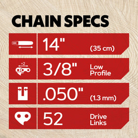 Oregon 3/8 LP pitch chain on a 14-inch bar delivering smoother engagement.