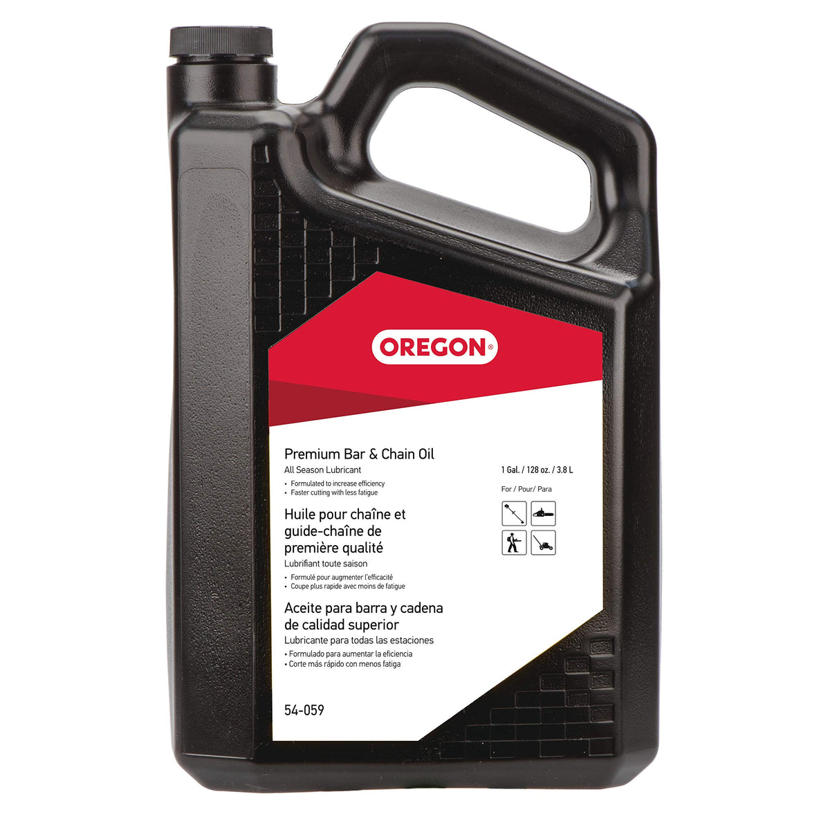 Oregon 54-059 bar and chain oil bottle for all-season lubrication.