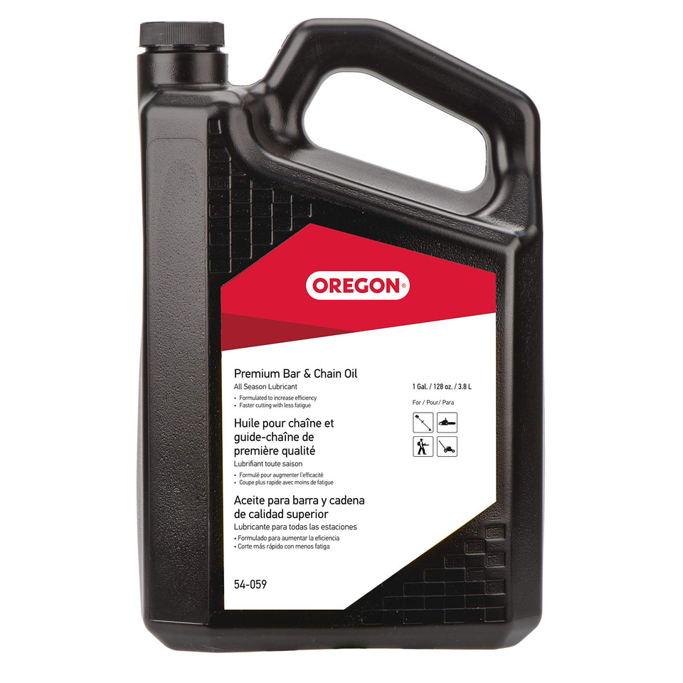 Oregon 54-059 bar and chain oil bottle for all-season lubrication.