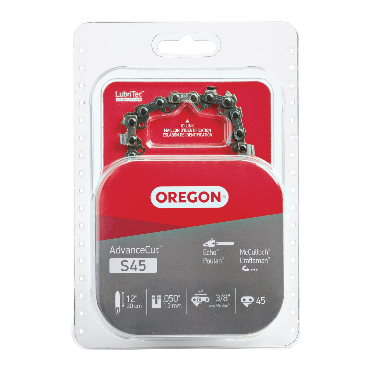 Oregon AdvanceCut S45 chain close-up showing 45 drive links for reliable cutting
