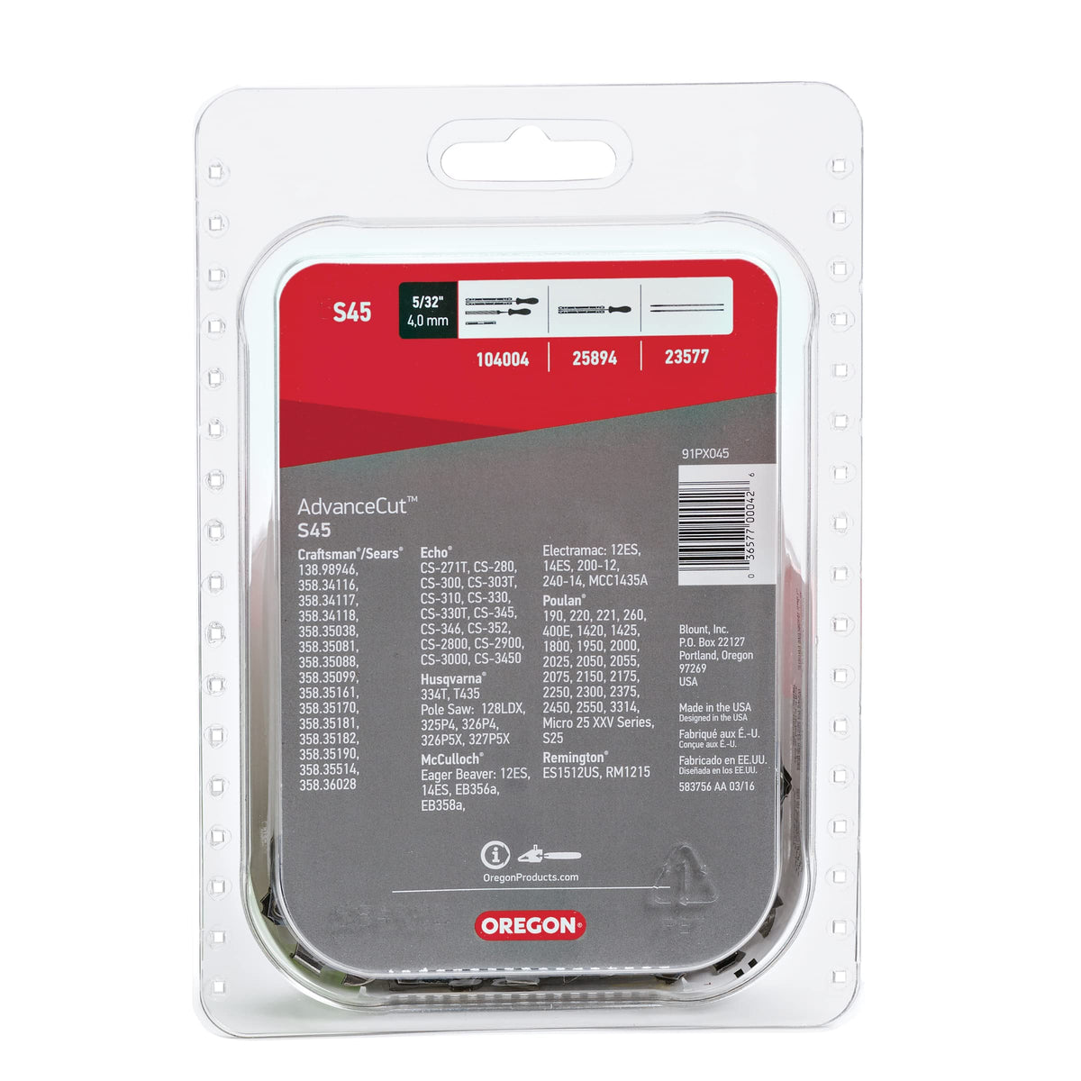 Oregon AdvanceCut S45 12-inch chain close-up highlighting 3/8-inch pitch for smooth operation