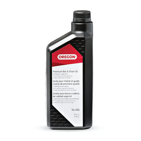 Oregon bar and chain oil bottle highlighting premium all-season formula for saws and trimmers