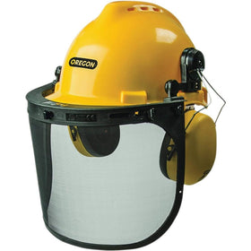 Oregon chainsaw safety helmet with visor shown for protective headgear during cutting tasks.