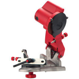 Oregon compact mini bench grinder mounted on a bench for precise chain sharpening.