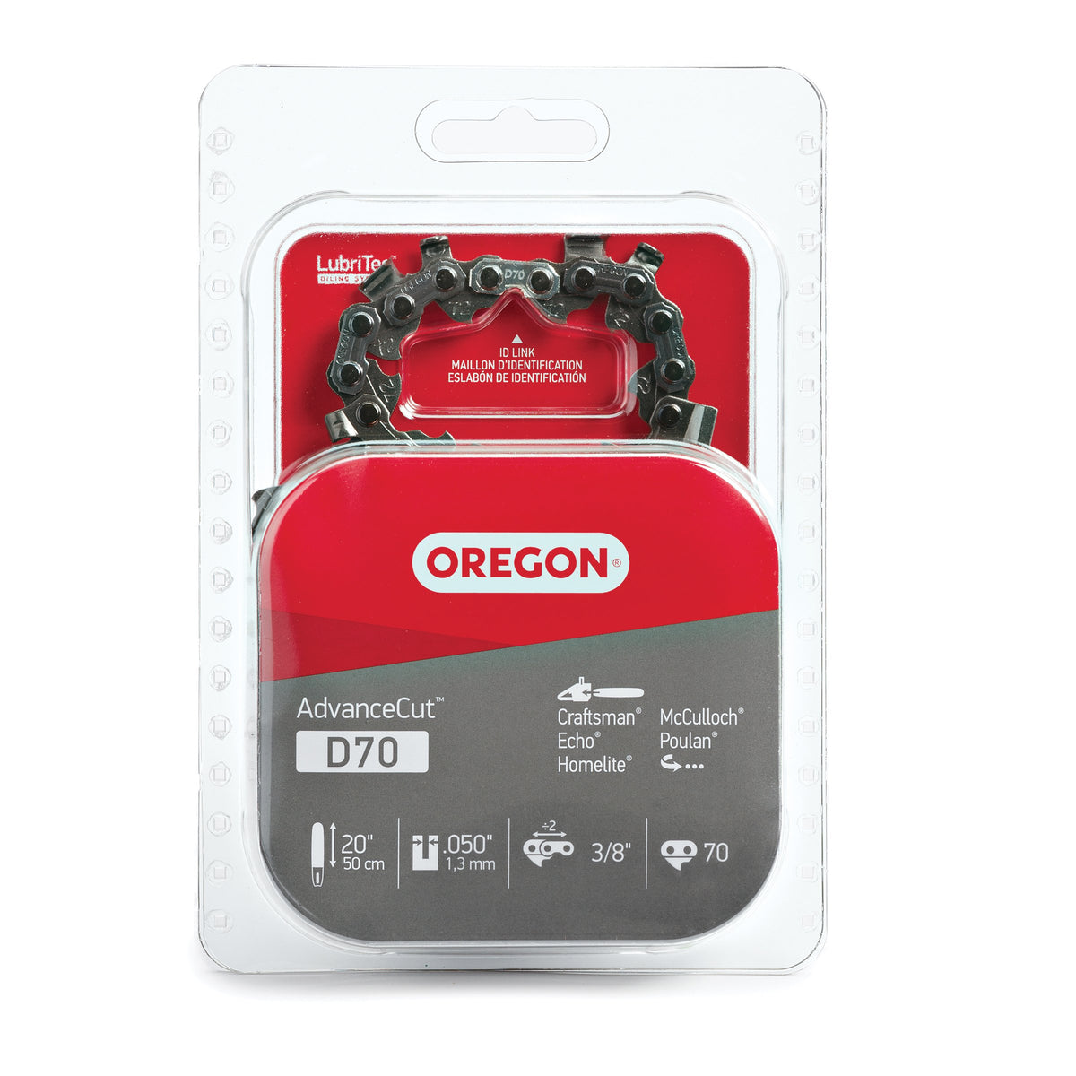 Oregon D70 AdvanceCut chain on a 20-inch bar showing smooth cuts