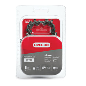 Oregon D70 AdvanceCut chain on a 20-inch bar showing smooth cuts