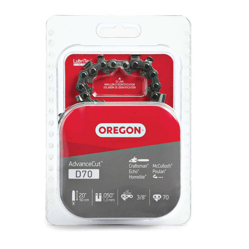 Oregon D70 AdvanceCut chain on a 20-inch bar showing smooth cuts