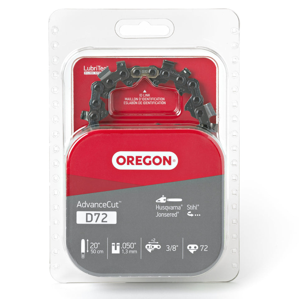 Oregon D72 20-inch chain on a bar shows 3-8 pitch compatibility.