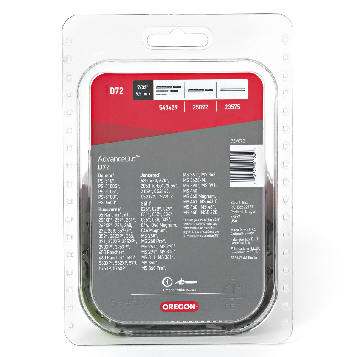 Oregon D72 low-kickback design reduces kickback during demanding cuts.