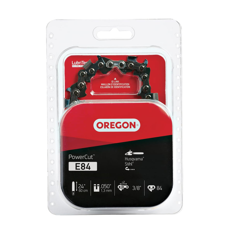 Oregon E84 full-chisel chain for 24in bar delivers faster cutting and precision.