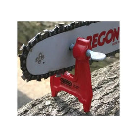 Oregon filing vise secured to chainsaw bar for precise on-site filing.