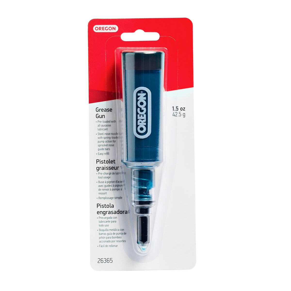 Oregon grease gun for chainsaws with steel nose nozzle enables easy bar lubrication