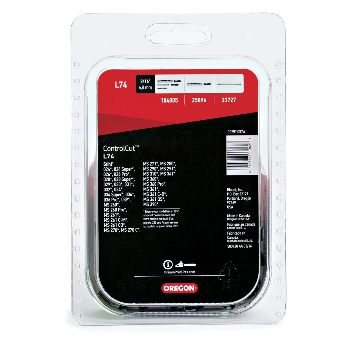 Oregon L74 74 drive links ensure reliable engagement on larger saws.
