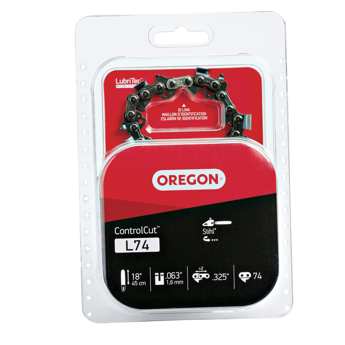 Oregon L74 fits Stihl 18-inch bars and .325 sprockets for replacement compatibility.