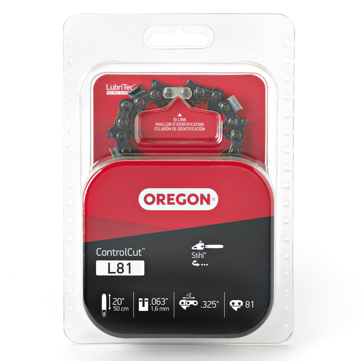Oregon L81 ControlCut chain on a 20-inch bar with 81 links for robust cutting