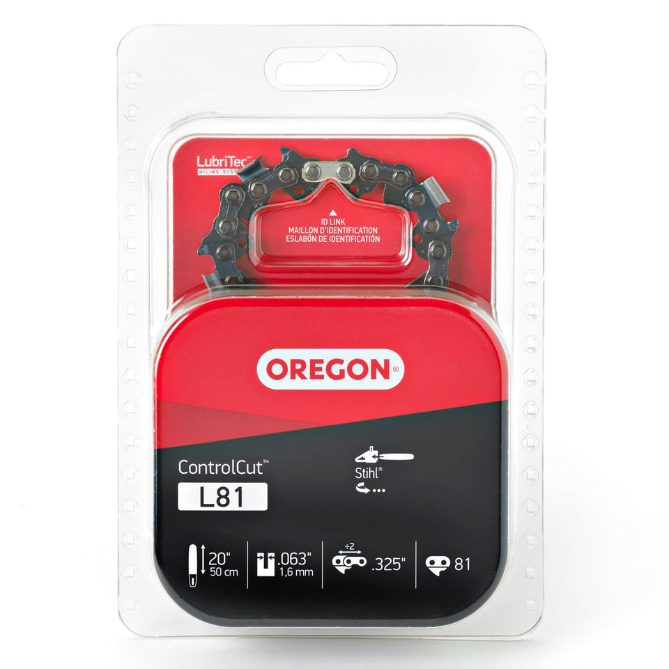 Oregon L81 ControlCut chain on a 20-inch bar with 81 links for robust cutting