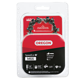 Oregon M66 16-inch chain close-up with micro-chisel cutters for clean, precise cuts.