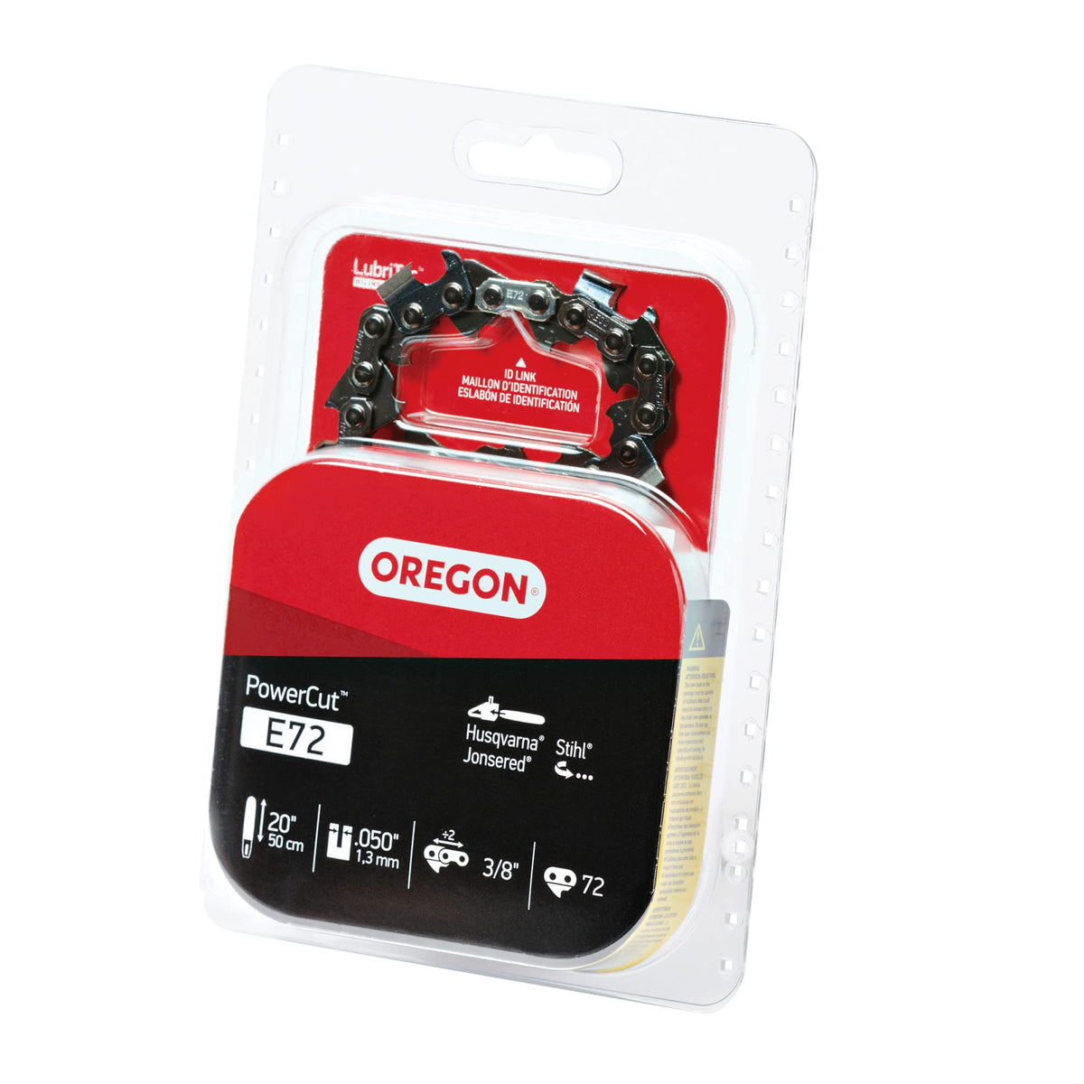 Oregon PowerCut 72-drive-links chain for 20-inch bar enables smooth cuts.