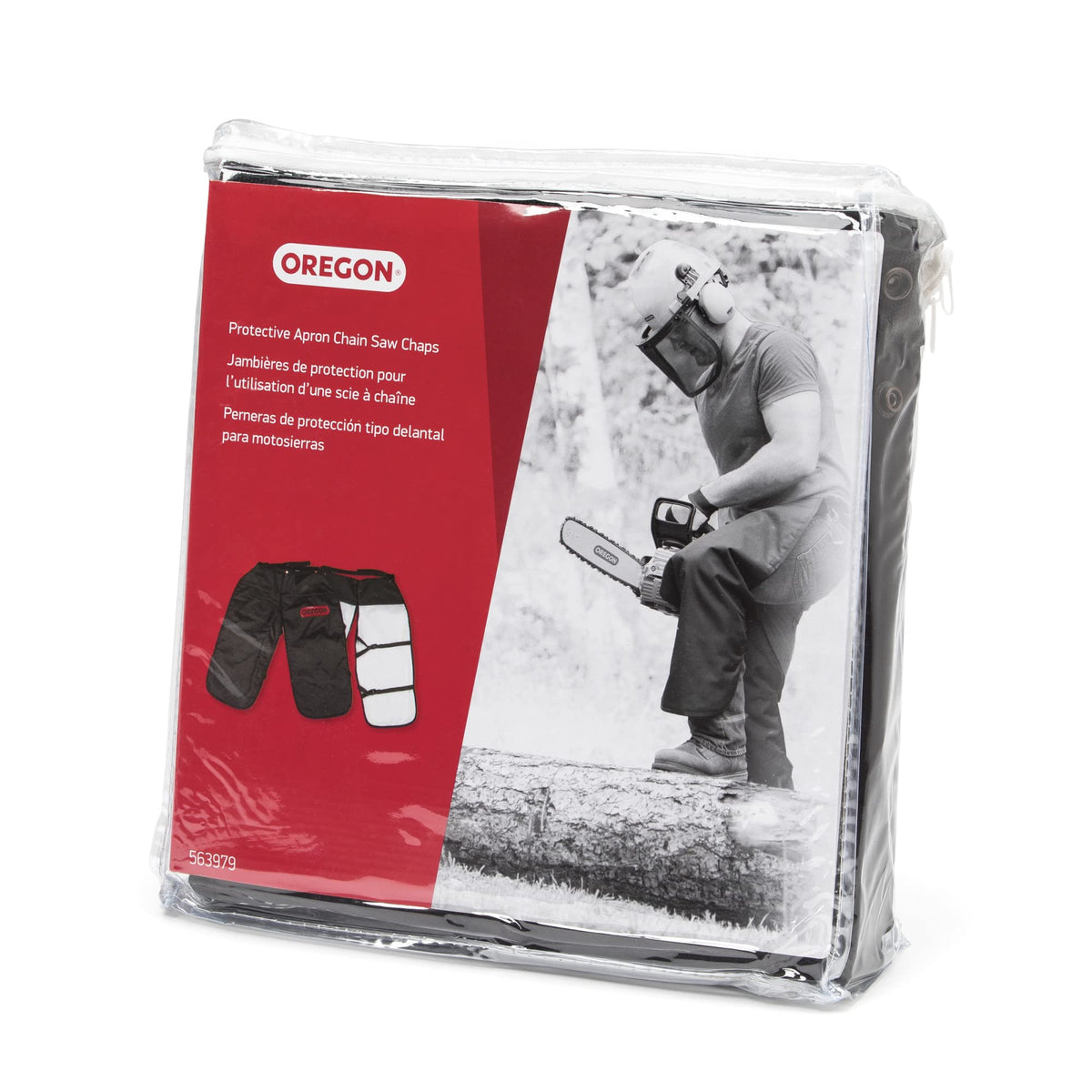 Oregon protective chaps with apron design offering comfortable leg protection during woodcutting