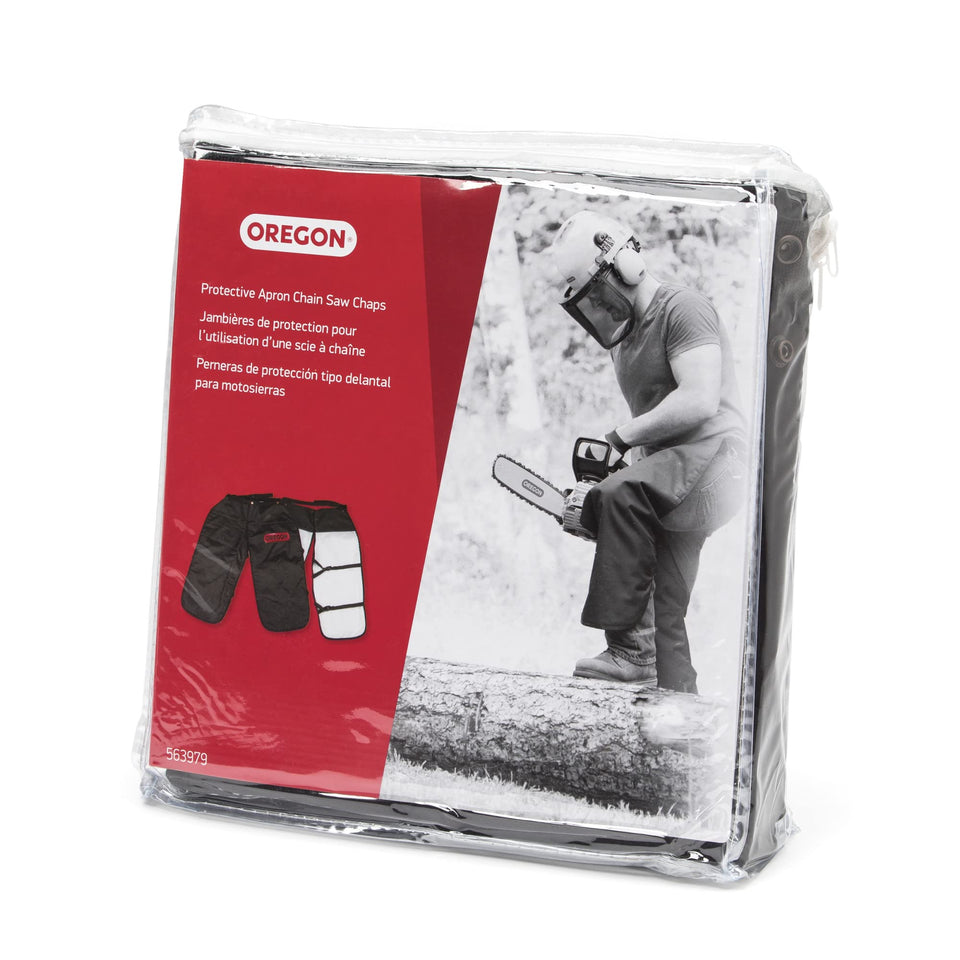 Oregon protective chaps with apron design offering comfortable leg protection during woodcutting