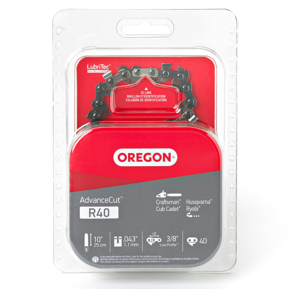 Oregon R40 chain on a 10-inch bar for efficient yard cutting