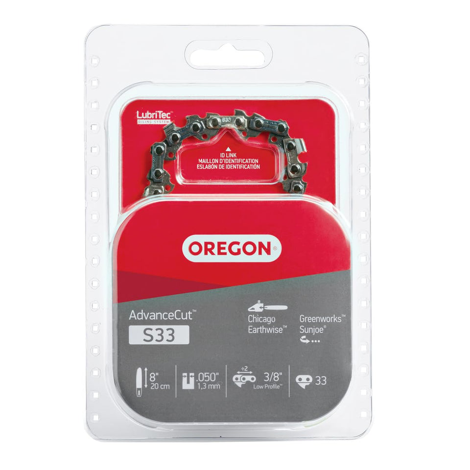 Oregon S33 chain mounted on an 8-inch bar for efficient cutting