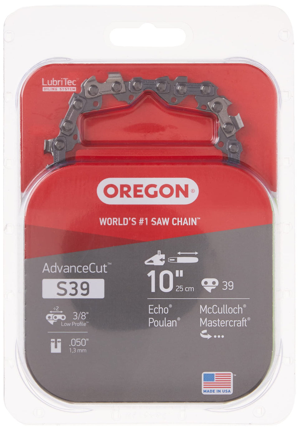 Oregon S39 AdvanceCut chain mounted on a 10-inch bar for precise cutting
