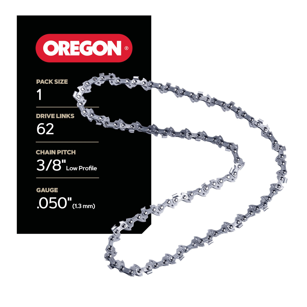 Oregon S62 18-inch saw chain closeup showing robust chromed cutters for clean cuts.