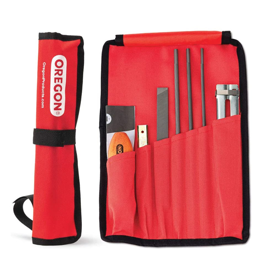 Oregon Universal Chainsaw Field Sharpening Kit contents laid out for portable maintenance