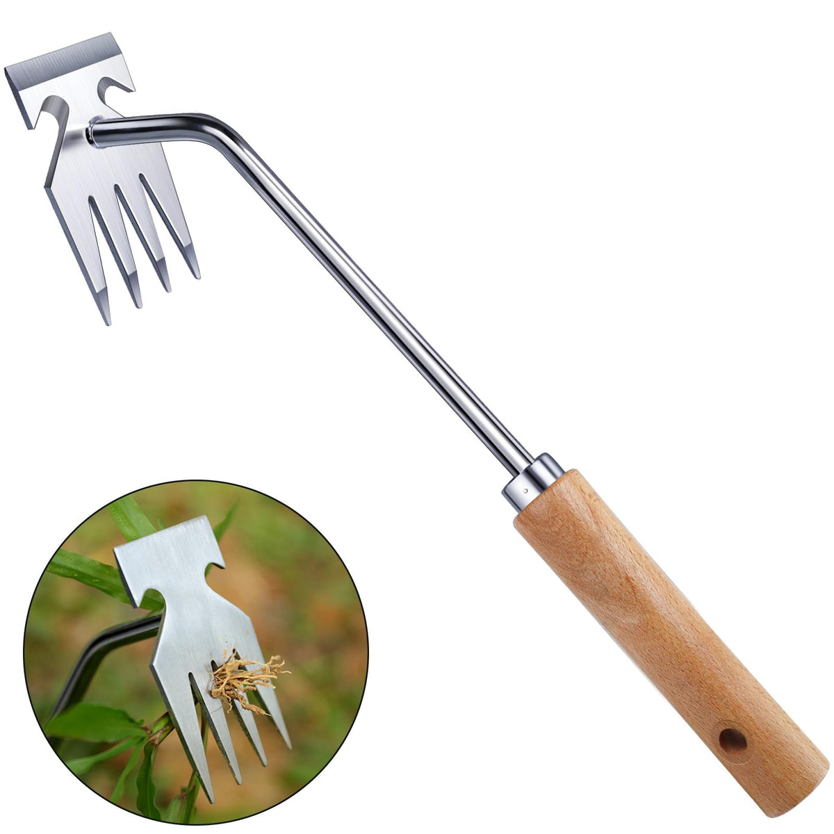 Orelex weed puller tool with four tines, 13-inch design for deep root removal.