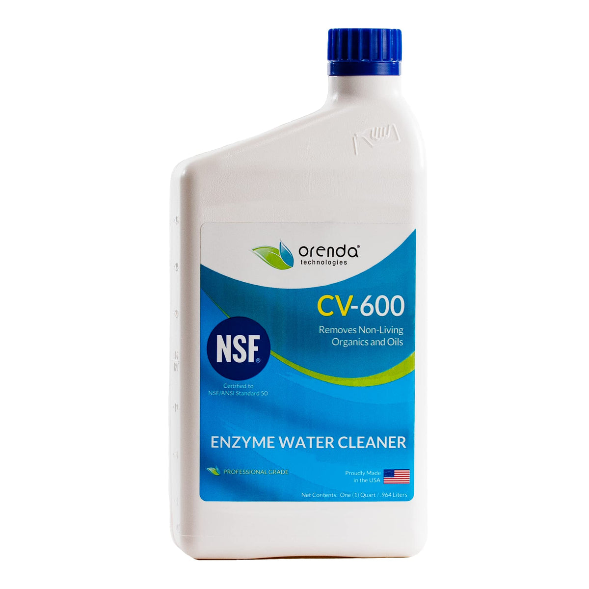 Orenda CV-600 enzyme water cleaner bottle ready for dosing to improve water clarity.