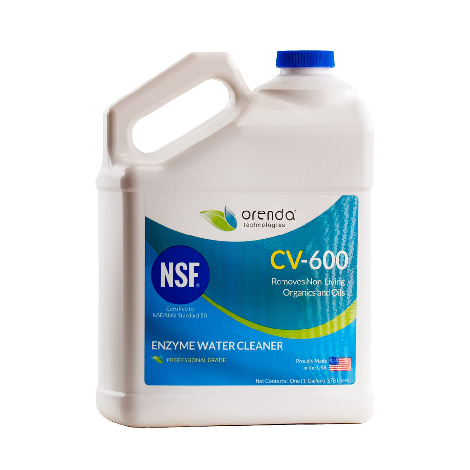 Orenda CV600 enzyme amber bottle closeup for clearer water and easy dosing.