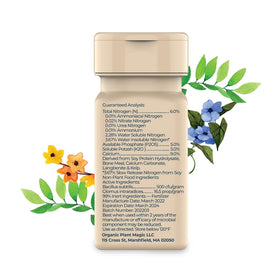Organic Plant Magic 3oz shaker front demonstrates compact, mess-free fertilizer for versatile use.