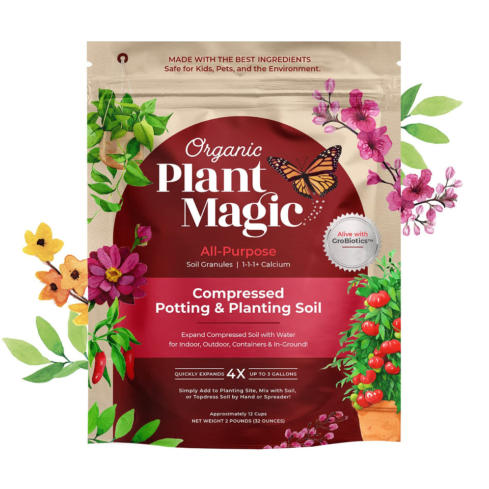 Organic Plant Magic compressed soil expands up to 4x when watered for quick setup