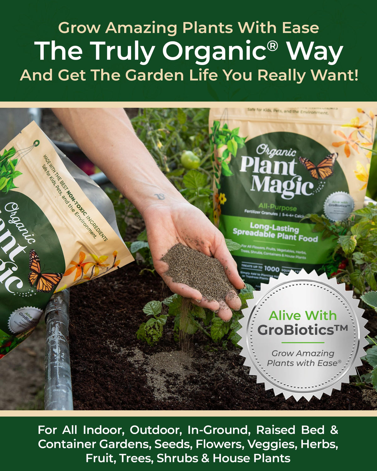 Organic Plant Magic 4 lb bag indicating coverage up to 1000 square feet.